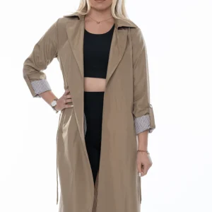 Beige dames trenchcoat – Lange jas met opgerolde mouwen